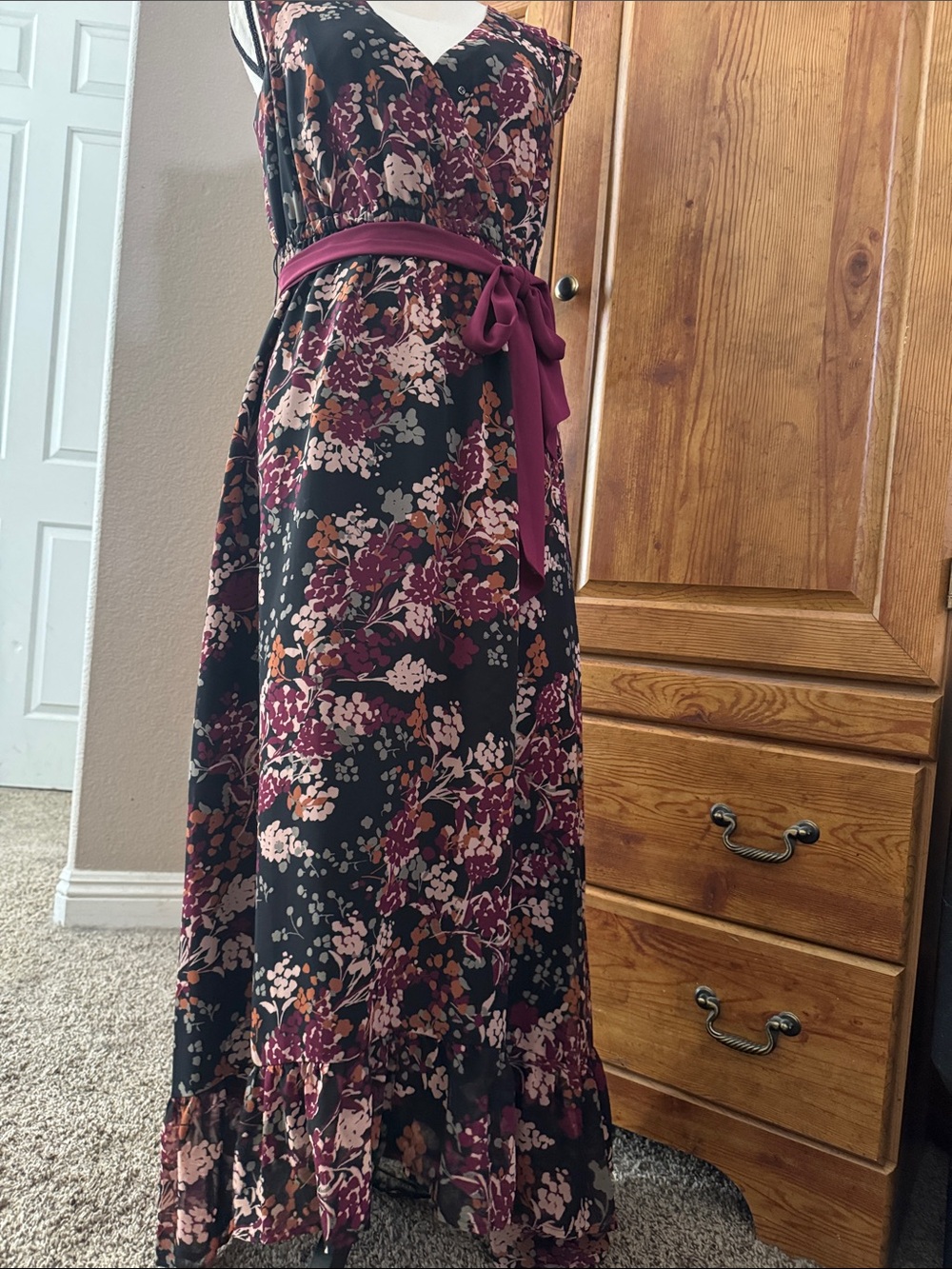 Elle Black Floral Maxi Dress with Plum Sash